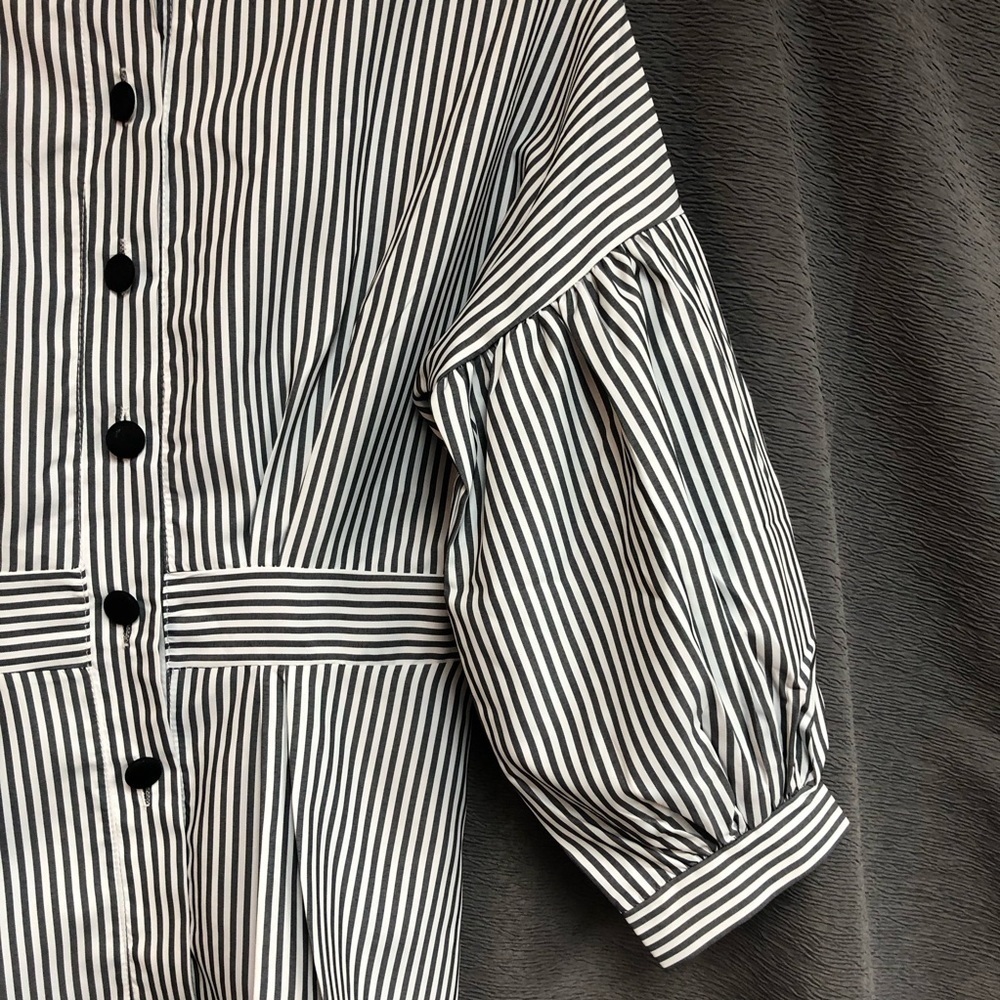 White and gray striped dressy blouse with buttons up the back, waistband - Picture 7 of 12